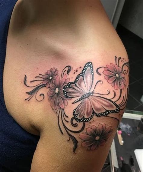 Butterfly And Flower Tattoo On Shoulder - Butterfly Mania