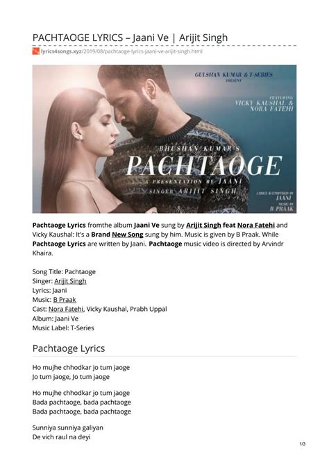 PACHTAOGE LYRICS – Jaani Ve | Arijit Singh by Lyrics 4 Songs - Issuu