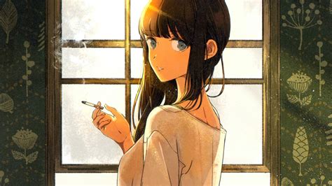 Wallpaper : painting, anime girls, smoke, cigarettes, looking at viever, solo, ART, color ...