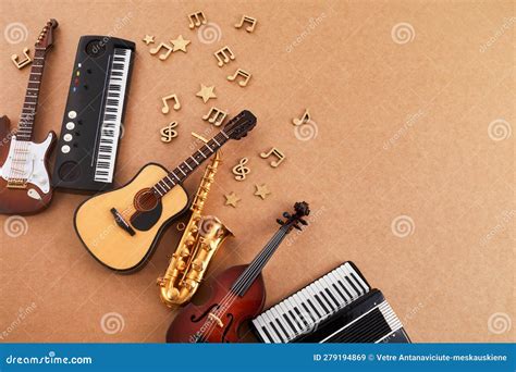 Happy World Music Day. Musical Instruments on Brown Background. Stock Image - Image of bass ...