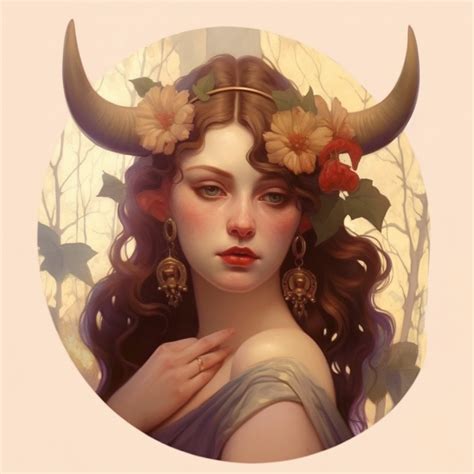 Taurus zodiac sign as fantasy girl with nose ring and earnings, and brown hair, Watercolor ...