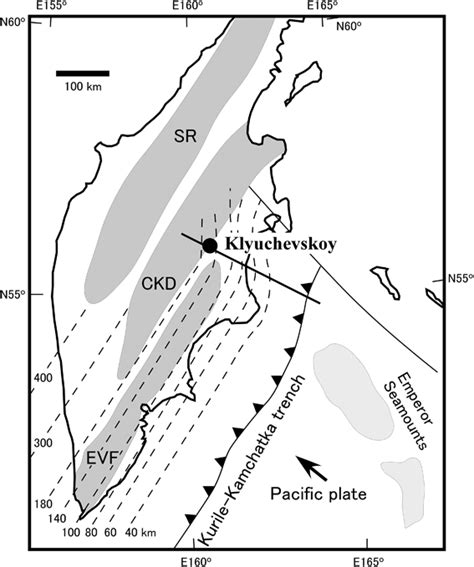 Map showing the location of Klyuchevskoy volcano. Present volcanism is... | Download Scientific ...