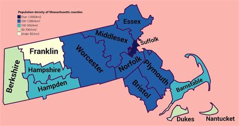 Population density of Massachusetts counties | County map, Massachusetts, Map