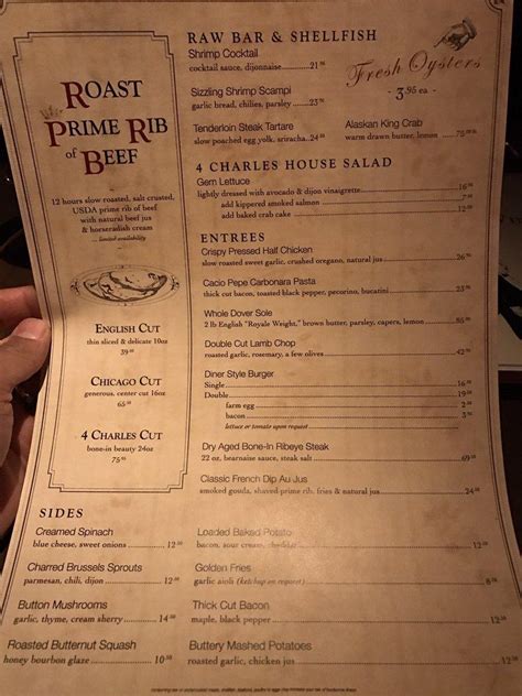 Menu at 4 Charles Prime Rib pub & bar, New York City