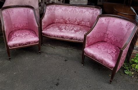 Upholstered Salon Set of Chairs, Floral-Pattern Settee & 2 x Arm Chairs
