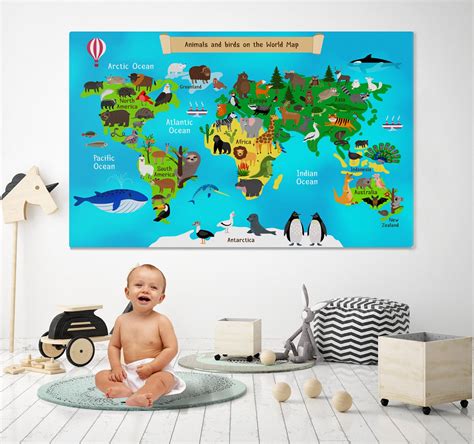 Kids Wall Art Kids World Map Kids Wall Art Animals World Map | Etsy