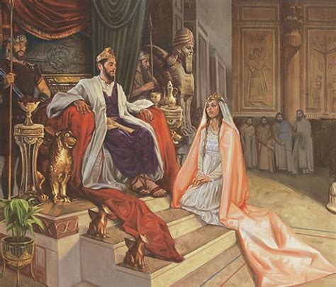 A painting by Sam Lawlor showing Queen Esther wearing a long pink robe kneeling before the King ...