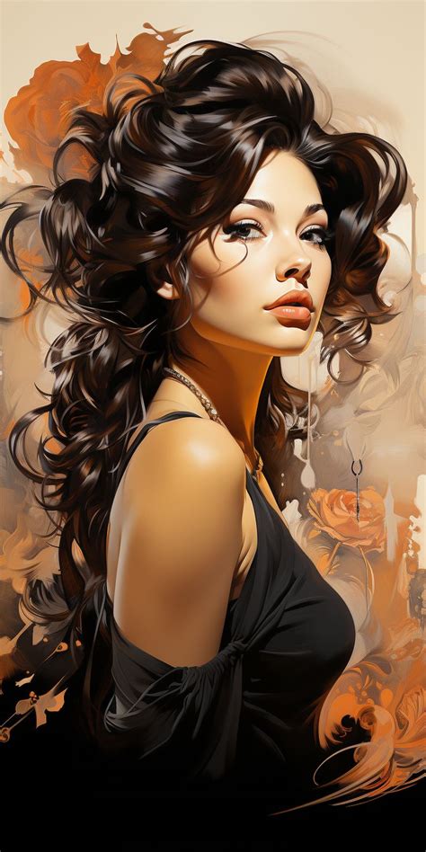 a digital painting of a woman with long dark hair and orange flowers in the background
