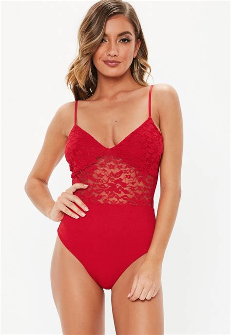 Red Lace Strappy Bodysuit | Missguided | Summer outfits, Red lace, Womens tops