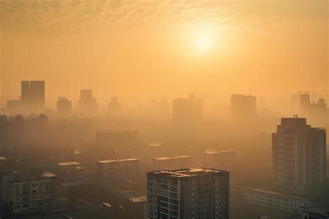 Premium AI Image | Smoggy morning in urban area with sunrise ...