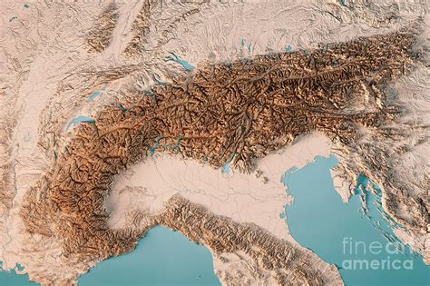 Alps Mountain Range 3D Render Topographic Map Neutral Digital Art by Frank Ramspott - Fine Art ...