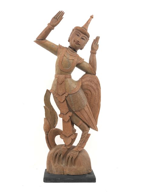 Lot - LARGE HAND CARVED BUDDHIST KINNARA GODDESS STATUE