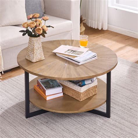 35.3" Round Coffee Table with 2-Tier Storage, Farmhouse Living Room Cocktail Table with Black ...
