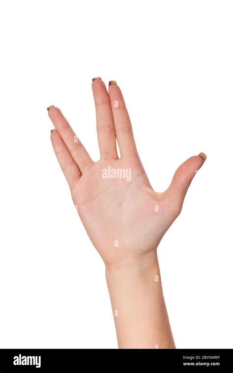 Female palm hand vulcan gesture, isolated on white Stock Photo - Alamy