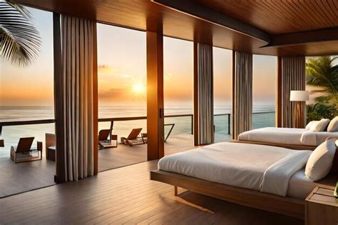 Premium AI Image | A bedroom with a view of the ocean and a balcony ...