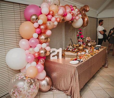 21st Birthday dessert table and balloon backdrop by Stylish Soirees Perth #balloongarland #par ...