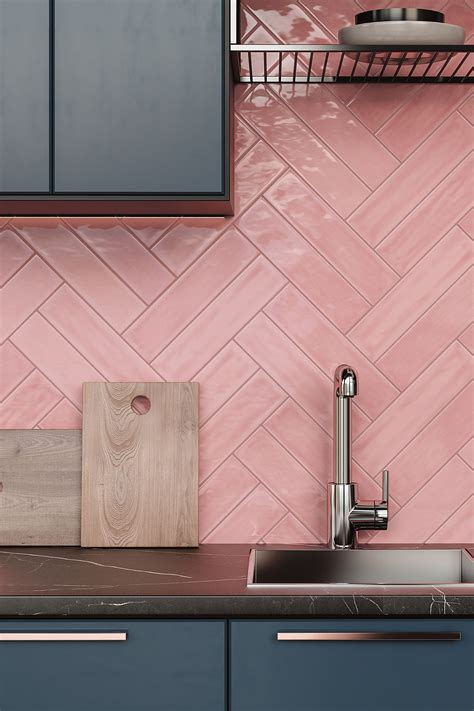 On Trend Pink Wall Tile | Pink kitchen walls, Brick tiles bathroom, Kitchen cupboard designs