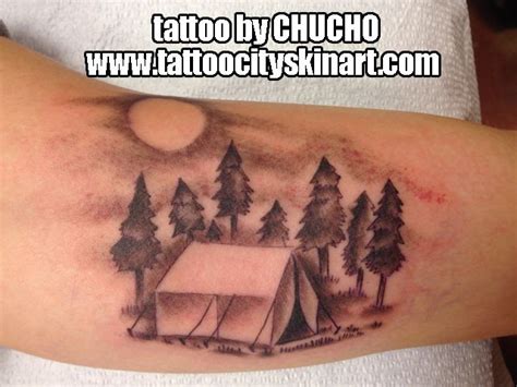 camping, tent, trees, outdoors, wanderlust black and grey tattoo by Chucho Tattoo City Skin Art ...