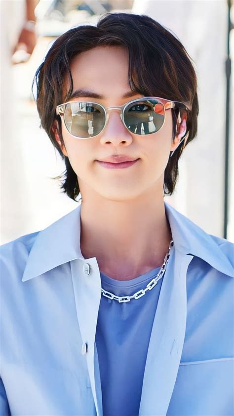 Stylish Sunglasses and Blue Shirt on BTS: Jin