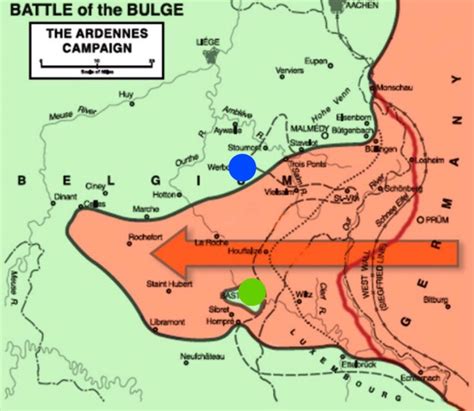 Map showing battle sites in proximity of one another; Bastogne (101st) in green, Werbomont (82nd ...