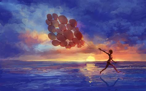 Wallpaper : women, floating, balloon, sea, sunset, digital art 1920x1200 - Artarek - 1144452 ...