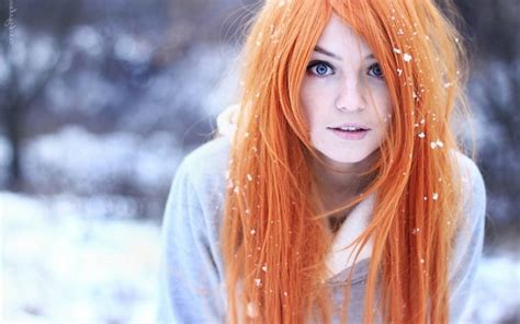 HD wallpaper: women orange hair blue eyes snow blurred marina ...