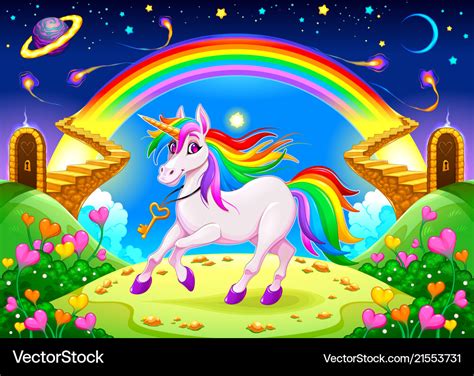 Rainbow unicorn in a fantasy landscape with Vector Image