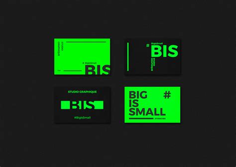 three business cards with the words big is small printed on them in black and green