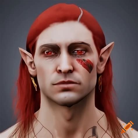 Portrait of an elf religious man with red hair, golden trident-cross tattoo, and piercings on ...