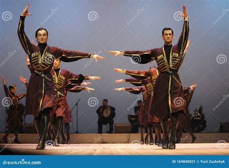 Dancers Performing Native Georgian Dance on Stage. Sukhishvili, the Georgian National Ballet ...