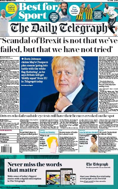 The Daily Telegraph (UK) Front Page for 3 September 2018 | Paperboy ...