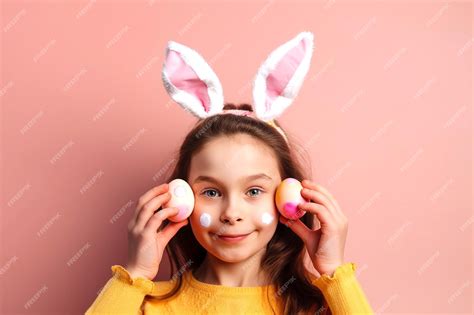 Premium Photo | Cute little child girl with bunny ears holding easter eggs at face on pink ...