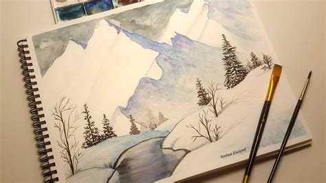 Watercolor Snowy Mountains Scene, watercolor easy tutorial, watercolor painting for beginners ...