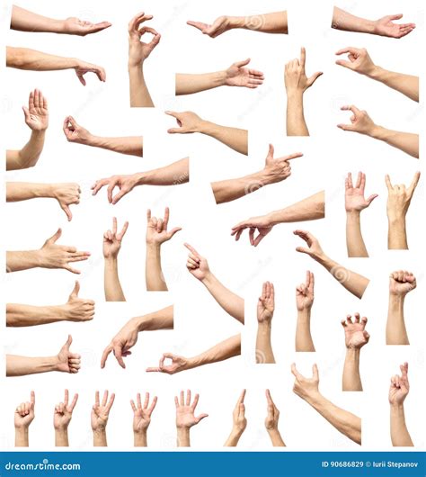 Multiple Male Caucasian Hand Gestures Isolated Over the White Ba Stock Image - Image of hands ...