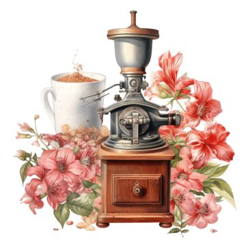 Vintage Coffee Grinder Machine Watercolor Flowers Ai Generative, Vintage, Coffee, Grinder PNG ...