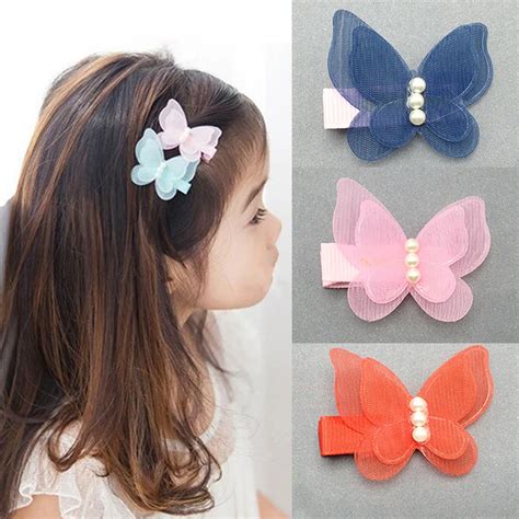 Kids Hair Clips Hair Pin Chiffon Pearl 3D Butterfly Princess Headwear Kids Children Hair ...