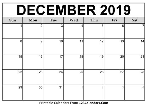 December 2019 Printable Calendar | 123Calendars.com