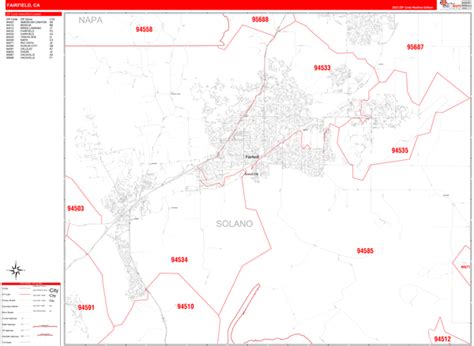 Fairfield California Zip Code Wall Map (Red Line Style) by MarketMAPS ...