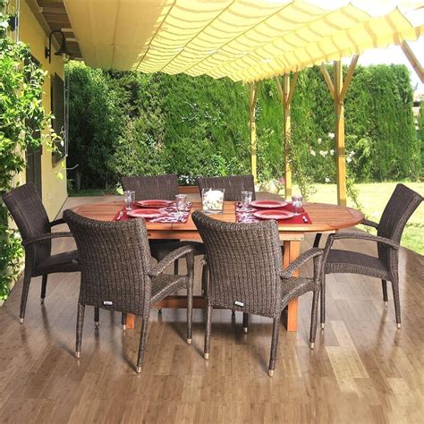 Lemans Deluxe 7 Piece Resin Wicker Patio Dining Set With 63 X 35 Inch Oval Extension Table And ...