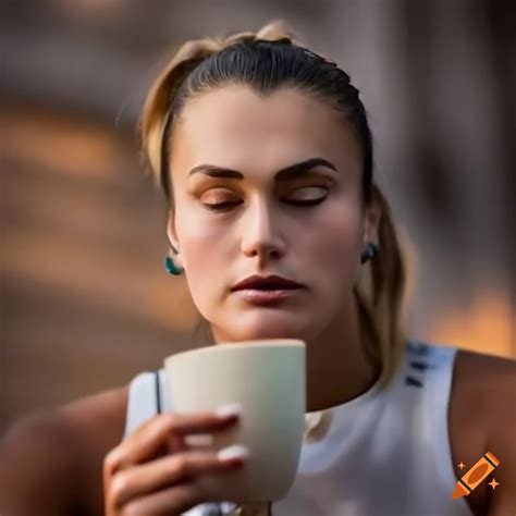 Aryna sabalenka drinks a coffee, dark brown hair, eyes closed, sitting at a wooden table, ocean ...