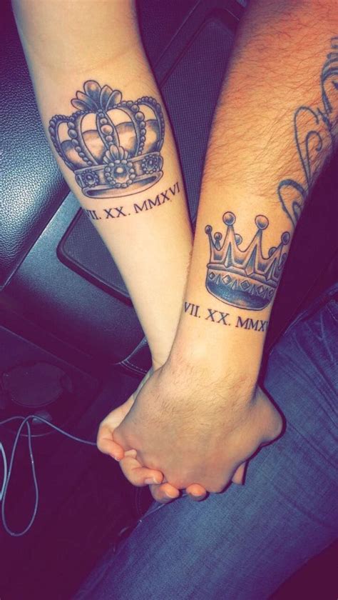 matching-couple-tattoos-king-queen-crown-jeans-roman-numeral-tattoo-ideas-holding-hands Couples ...