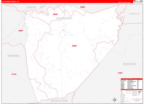 Van Buren County, TN Zip Code Wall Map Red Line Style by MarketMAPS - MapSales