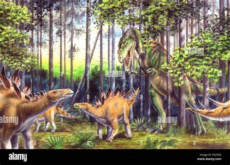 Palaeozoology - Jurassic period - Dinosaurs - Metriacanthosaurus (in the background) - Art work ...