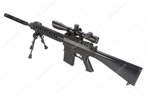 Sniper Rifle Bipod Silencer Isolated White Background — Stock Photo © zim90 #188279320