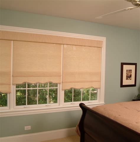 Roller Shades with coordinating valance and decorative shaped hem embellished with beads ...