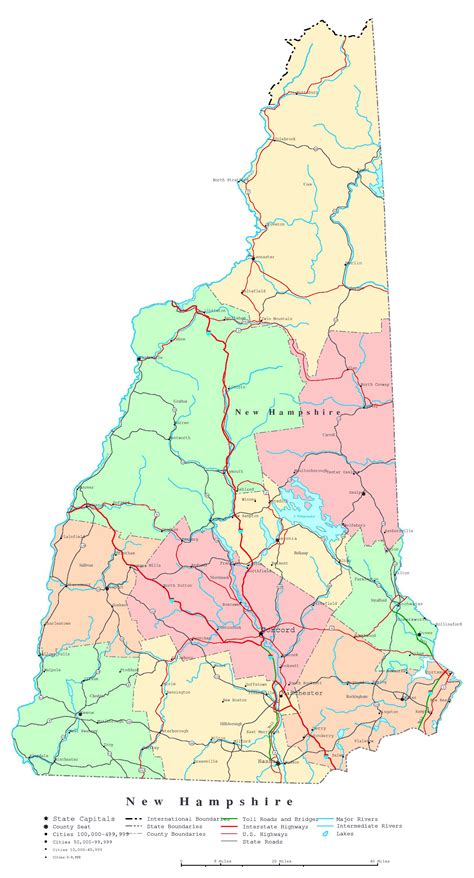 Large detailed administrative map of New Hampshire state with highways, roads and cities ...