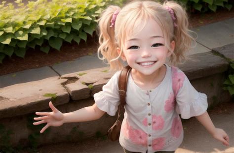 Premium Photo | Little positive girl in city park portrait of happy kid with smile on walk ...