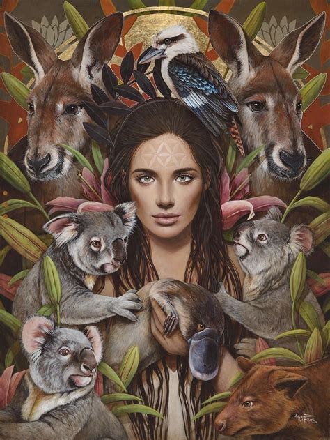 a painting of a woman surrounded by koalas and other animals with feathers on her head