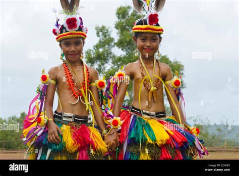 Yapese girls in traditional clothing at Yap Day Festival, Yap Island, Federated States of ...