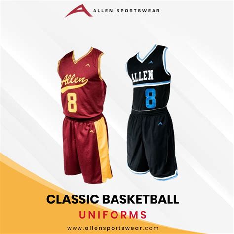 two basketball uniforms with the name allen sportswear on them and an image of their uniform number